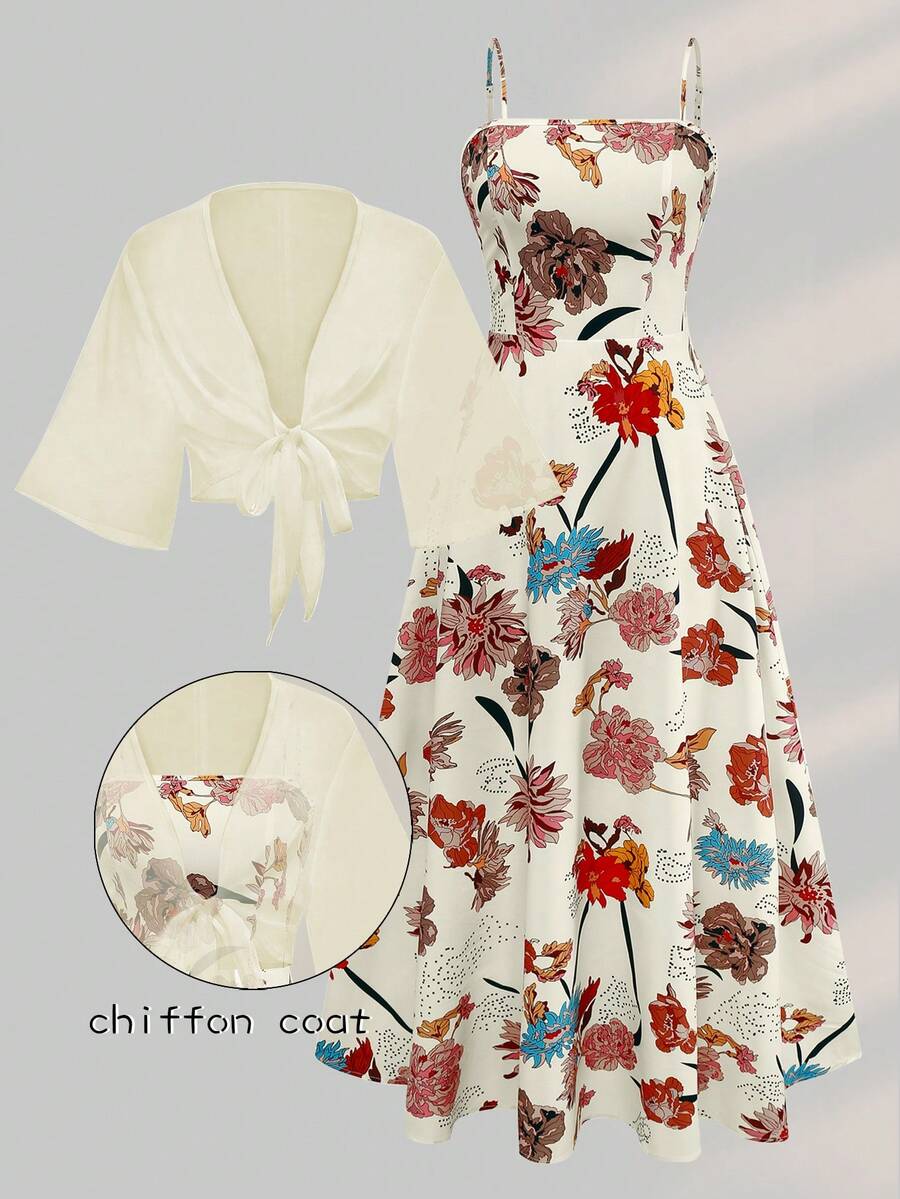 两件套女士优雅碎花雪纺连衣裙和外套套装，浪漫约会、度假春夏装扮 - 彩色 - 查看 1