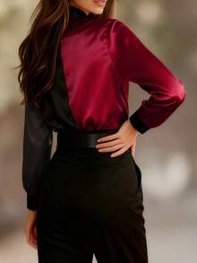 女士优雅正式露肩长袖修身衬衫，女士纽扣衬衫，基础款衬衫上衣，女士商务休闲装，女士户外上衣，教师衬衫，返校衬衫，校服，秋季女装，四季皆宜春季衬衫 - 紅色和黑色 - 查看 5