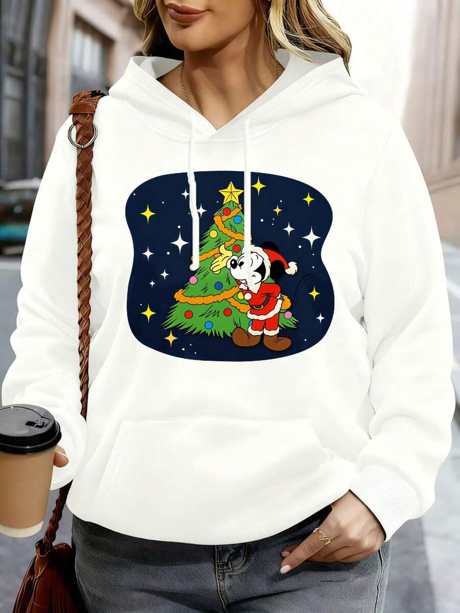 Disney Women Hoodie White Mickey Mouse Christmas Tree Santa Claus Print Casual Winter Holiday Outfit - White - View 1