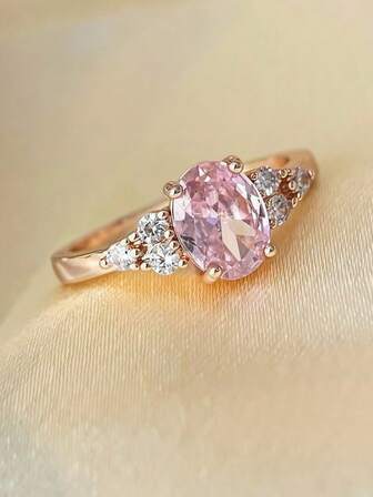 1枚时尚微镶嵌立方氧化锆粉色椭圆形装饰铜戒指，适合女性日常佩戴、婚礼、订婚、情人节、派对礼物