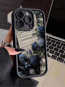 Flower 1pc Black Music Score & Blue Rose Pattern Full Coverage TPU Shockproof Phone Case, Compatible With Apple 16, 15, 14, 13, 12, 11 Pro Max, And Series,International Version, Not The Domestic Version - Multicolor - View 4