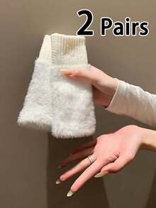 1/2 Pairs Women Fuzzy Solid Color Fingerless Gloves, Warm & Stretchy Knitted Wrist Mittens, Suitable For Autumn/Winter, Office, School, Writing - Multicolor - View 17