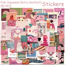 50 sztuk różowych naklejek w stylu japońskim na butelkę z wodą, japoński element z kreskówkową grafiką, wodoodporne naklejki winylowe, urocze naklejki z kreskówek na butelki z wodą, laptopa, dekoracje DIY, album ze zdjęciami, deskorolkę, etui na telefon - Różowy - Zobacz 9