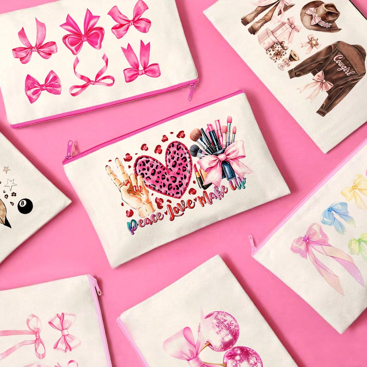 1/5/10/20pcs Cute Bow Pattern Canvas Zipper Bags Set, Y2K Style Bow Decor Jewelry Organizer Bags, Travel Cosmetic Bag, Pencil Case, Party Gift Bag Set, Toiletry Bag, Multipurpose Organizer Pouch Autumn University Essentials Travel Essentials For Holiday Vacation Travel Bag For Women Makeup Bag Makeup Organizer Make Up Bag