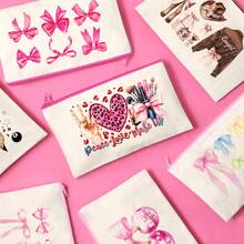 1/5/10/20pcs Cute Bow Pattern Canvas Zipper Bags Set, Y2K Style Bow Decor Jewelry Organizer Bags, Travel Cosmetic Bag, Pencil Case, Party Gift Bag Set, Toiletry Bag, Multipurpose Organizer Pouch Autumn University Essentials Travel Essentials For Holiday Vacation Travel Bag For Women Makeup Bag Makeup Organizer Make Up Bag - Beige - View 3