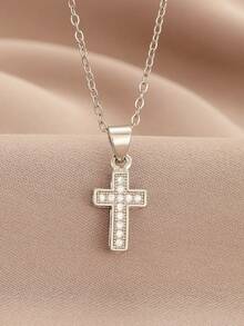 1pc Simple Stylish Glittering Silver Cubic Zirconia Decor Cross Shape Pendant Necklace For Girls For Delicate Faith Jewelry For Religious Christian Gift And Birthday Gift