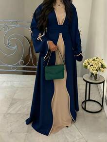 SuofeiMan Áo Abaya kiểu Trung Đông tối giản, thời trang mới, màu xanh hải quân trơn, chất liệu mềm mại và thoải mái, có thắt lưng, phù hợp cho các lễ hội và mặc hàng ngày, lễ Eid mùa xuân. - Xanh đậm - Xem 1