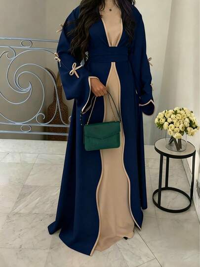 SuofeiMan New Stylish Middle Eastern Minimalist Bow Abaya, Solid Navy Blue Casual Soft & Comfortable Jacket With Belt, Suitable For Festivals And Daily Wear Eid Spring