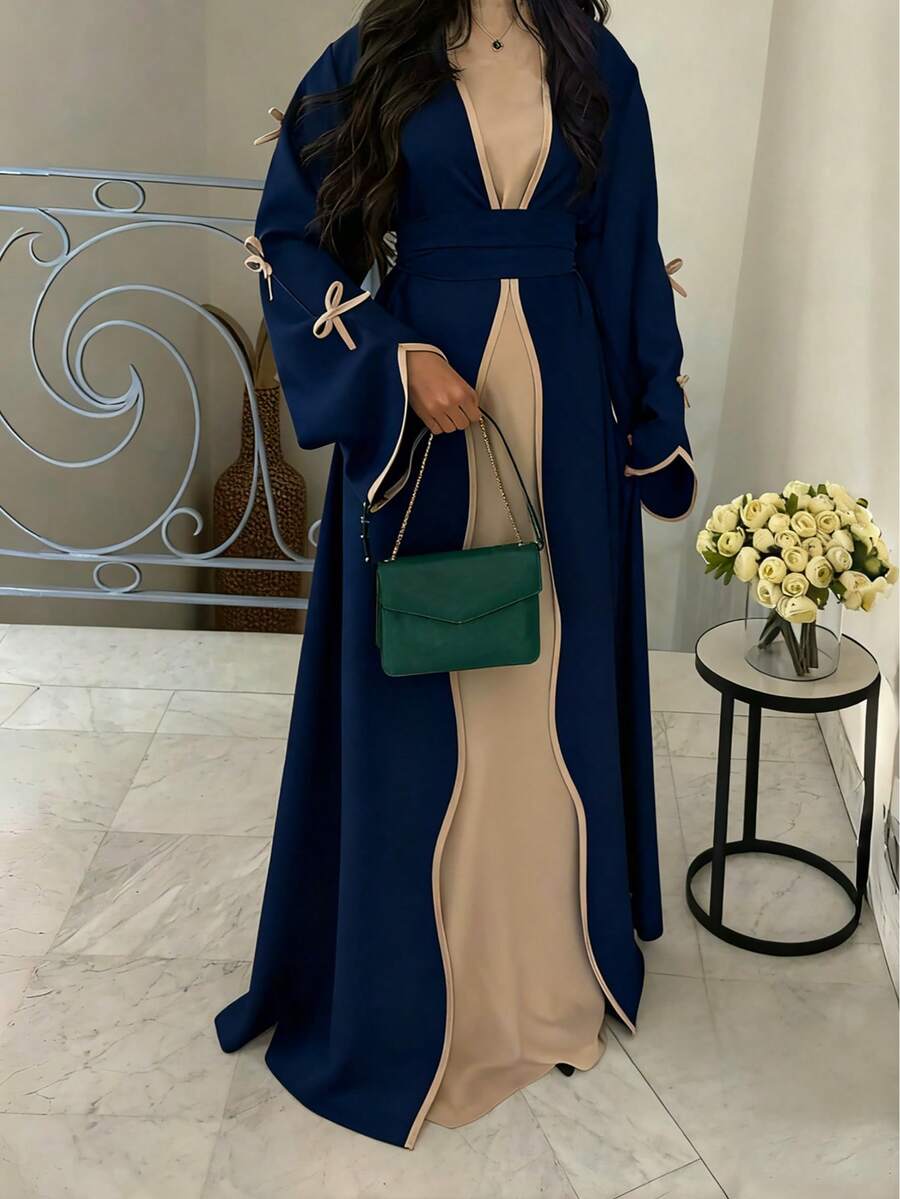 SuofeiMan Áo Abaya kiểu Trung Đông tối giản, thời trang mới, màu xanh hải quân trơn, chất liệu mềm mại và thoải mái, có thắt lưng, phù hợp cho các lễ hội và mặc hàng ngày, lễ Eid mùa xuân. - Xanh đậm - Xem 1