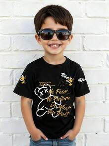 小男孩卡通熊图案圆领短袖休闲T恤 - 黑色 - 查看 7