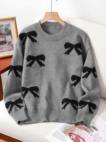1件少女百搭时尚休闲可爱毛衣，秋冬季 - 灰色 - 查看 2