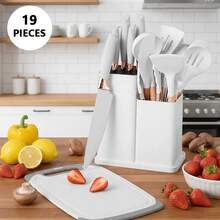 [19 Piece KITCHEN UTENSILS SET]Kitchenware Utensils And Knife Set,Practical Kitchen Accessories Includes 9 Piece Non-Stick Silicone Cooking Utensils- 5 Piece Sharp Stainless Steel Chef Knives- Scissors -Whisk Tongs And Cutting Board ,Kitchen Utensil Set Be Your Kitchen Assistant,Kitchen Essential- Great For Chefs, Bakers, Pastry Chefs, Or Amateurs. Best For Stirring, Scraping, Folding, Cooking, And Steaming All Kinds Of Food,Room Decor. It's A Thoughtful And Practical Present For Any Cooking Enthusiast,Christmas Gift For Home Chefs • New Year's Culinary Upgrades - 白色 - 查看 11