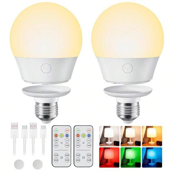 E26 Rechargeable Light Bulb With Remote And Timer, Battery Backup Bulb For Sconces And Lamps, Magnetic Bulbs For Non-Hardwired Fixture, 3 Color Temperatures + 9 RGB Colors, Dimmable, 2 Pack