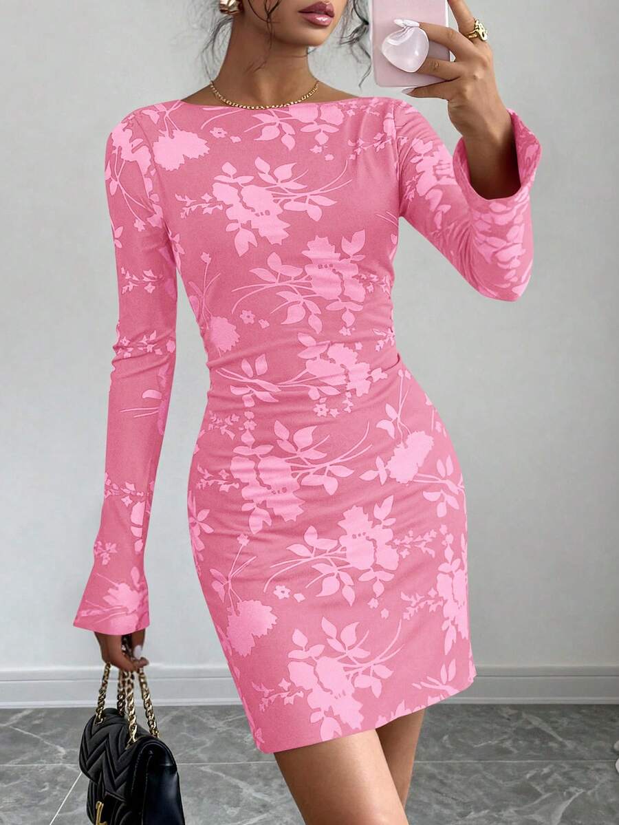 PRETTYGARDEN Women's Spring And Fall Fashion Floral Long Sleeve Mini Dress Mesh Bodycon Short Party Date Night Going Out Dresses Dhristmas New Years Valentine Vacation Dresses For Women - 粉色 - 查看 1