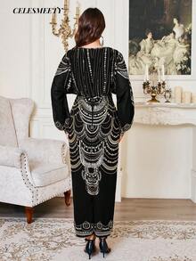 奢华皇家风黑色金亮片刺绣正式礼服，优雅雪纺蝙蝠袖晚礼服，适合派对、婚礼、家庭聚会等场合。 - 金色 - 查看 6