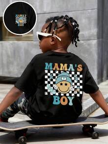 Young Boy Letter & Cartoon Face Print Round Neck Short Sleeve Casual T-Shirt - Black - View 1