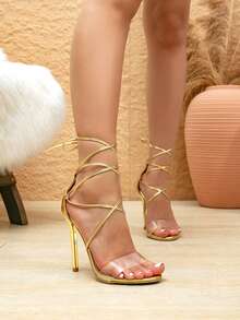 Sandalias de tacón de aguja con cordones y punta abierta para mujer, adecuadas para fiestas, banquetes, el trabajo y otras ocasiones, atuendos de primavera y verano - Dorado - Ver 5