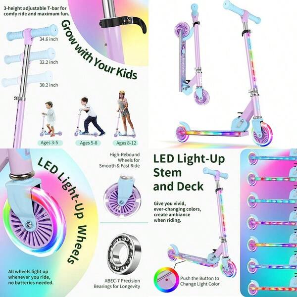 V2 Scooters For With LightUp Wheels And Stem And Deck 2 Wheel Folding Scooter For Girls Boys Ages 312 3 Adjustable Height NonSlip Pattern Deck Kick Scooter For