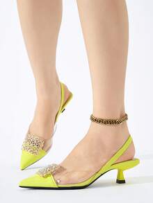 女士水钻装饰尖头露跟猫跟凉鞋，优雅舒适，适合秋冬季正式派对、婚礼、晚宴等场合，黄色高跟鞋，派对装扮，时尚鞋履 - 黃色 - 查看 5