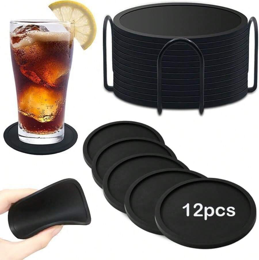 ¡Recomendado12 Piezas Posavasos para Mesa,Porta Vasos,Portavasos de Silicona Antideslizantes,Posavasos de Bebidas con Soporte Posavasos,Adapta Bar Hogar Restaurante Cafetería(Negro)¡Top de Temporada - 1 - Ver 1