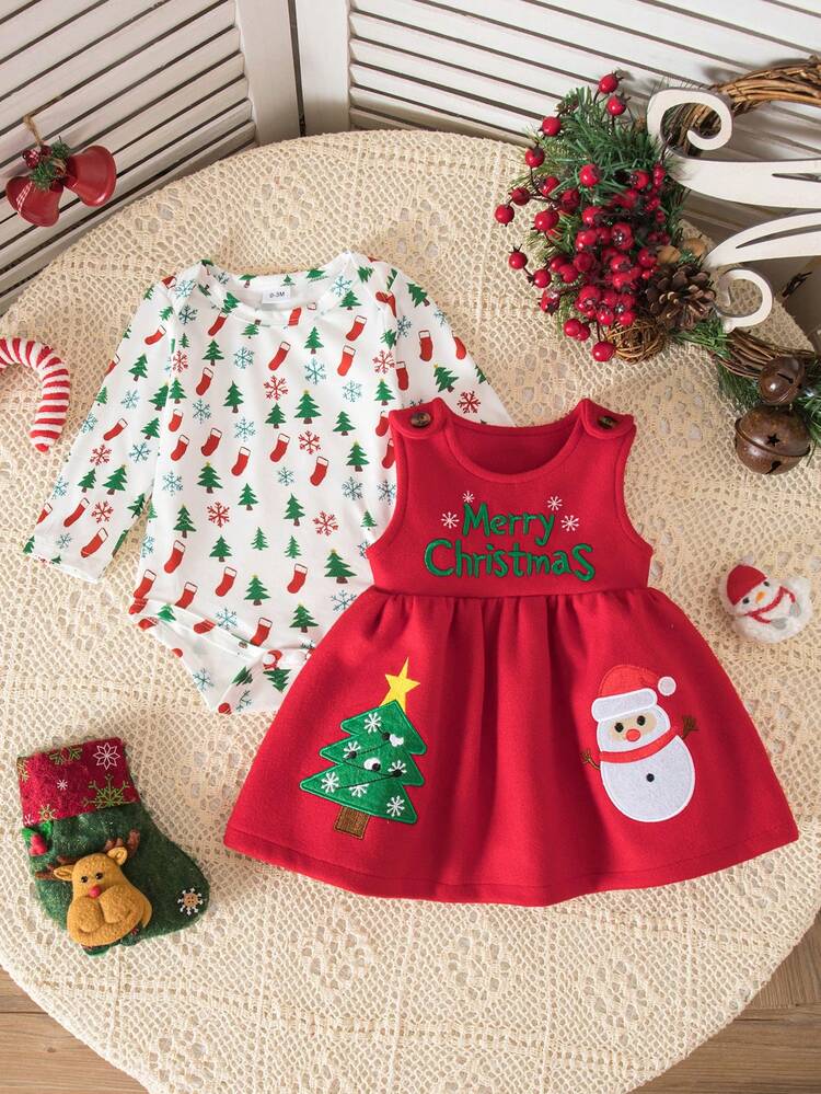 Conjunto de vestido de Navidad para niñas bebé, Otoño/Invierno 2025, Parte superior + Falda de tirantes, Lindo conjunto para fiesta de Navidad, Conjunto de tirantes bordados para uso diario - Blanco - Añade 1