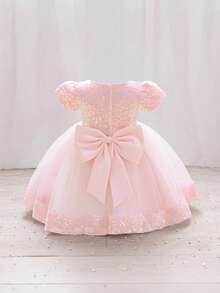 H HIBOBI Babyflicka 3D Blommig Applikation Paljettdetalj Stor Rosett Tyll Festklänning - Rosa - Visa 3