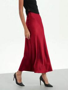 Falda de satén elegante para mujer Falda de sirena acampanada de cintura alta - Burdeos - Ver 2