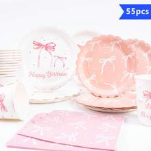 Pink Bow Floral Shaped Disposable Plate, Napkin, Cup Set, Plates, Napkins And Cups Party Supplies, Serves 10 Guests, Disposable Paper Plates Party Tableware Suitable For Birthday, Wedding, Party, Family Picnic - Multicolor - View 1
