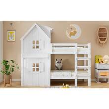 Children's Bunk Bed 90x200 Cm, Design With Windows And Roof, Side Rails And Straight 3-Step Ladder, Stabilized Slatted Base, Pine, MDF And Plywood Frame, White - White - View 10