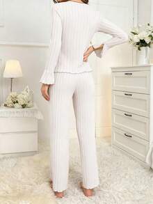 两件套女士秋冬睡衣套装，翻领蝴蝶结优雅性感长袖睡裤 - 杏色 - 查看 5