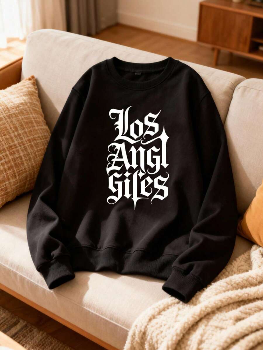 Hombre004 Parte superior de ropa para casa, cómoda y abrigada Sudadera de cuello redondo de moda,top deportivo y jersey informal con envío local desde México Camisa con estampado de "Los Angeles" elegante, perfecta para mostrar tu estilo urbano, lista para ser tu prenda favorita en cualquier ocasión - Negro - Ver 1