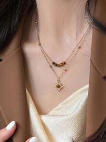 Vintage Gold Sunflower & Tiger Eye Necklace, Layered Necklace Design, Suitable For Sweater, Autumn/Winter Clavicle Chain Accessory - Multicolor - View 5