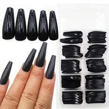 100pc Colored Coffin Press On Nails Long Ballerina False Fake Nail Tips Full Cover Manicure Design Acrylic Nails For Women Teen FFgirls (Black){Inchcolor_nameinch:InchBlackinch} - Black - 查看 2