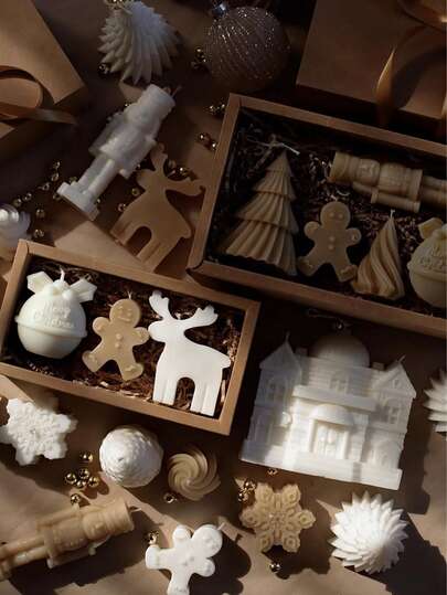 1 Set handgemachte Weihnachtskerzen Geschenkbox, Glocke, kleiner Pudding, drehender Weihnachtsbaum, Schneeflocken, Lebkuchenmännchen, Elch, Rentier, Dorf, Nussknacker, Tannenzapfen, dekorative Kerze für Atmosphäre, Raumdekoration, Halloween Geschenke, Weihnachtsgeschenke, Weihnachtsdekoration