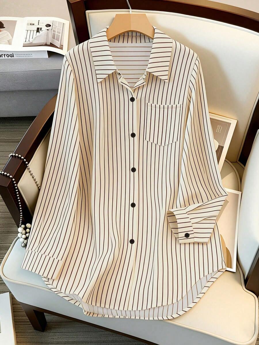 Women's Long Sleeve Single-Breasted Casual Loose Striped Long Shirt Spring - Apricot - View 1