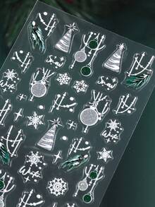 2 Sheets Christmas Nail Art Stickers With Rhinestone, Silver Glitter Snowflake Xmas Tree Pine Branch Bauble Winter Self-Adhesive Nail Decals, DIY Manicure Decorations - Multicolor - View 5