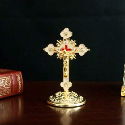 Calculs Metal Jesus Crucifix Table Cross - Catholic Table Cross With Stand For Christian Prayers Jerusalem Home Decor 3.7" Gold