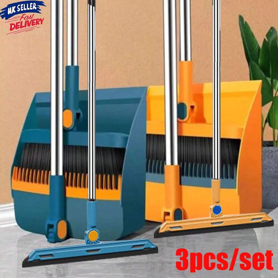 Long Handled Dustpan And Brush Set Strong Metal Handle Dust Pan & Broom Sweeper - Blue - View 1