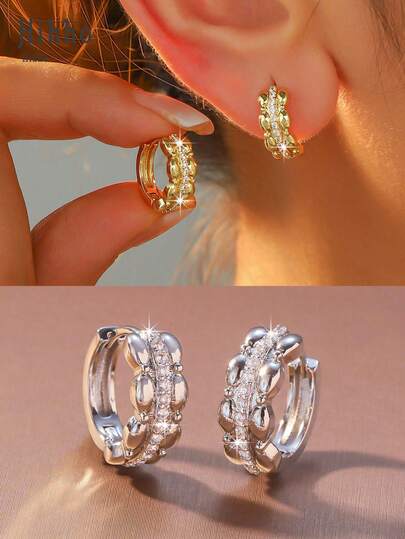 Hihho 1 Pair Luxury Zirconia Encrusted Hoop Earrings, Classic Geometric Design Delicate Earrings For Women, Suitable For Daily Wear, Parties, Shopping, Holiday Gifts, Christmas Jewelry