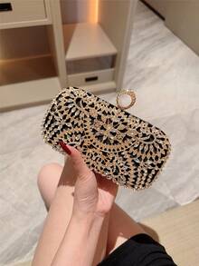 Damen Mode Herbst/Winter Samt Box-förmige Abendtasche, funkelnder Strass Dekor Abendkleid Clutch Tasche für Party, Abschlussball, Gala - Schwarz - Übersicht 1