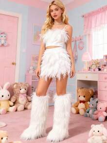 女士冬季过膝雪地靴保暖蓬松内衬防水毛绒保暖内衬时尚雪地靴 - 白色 - 查看 4