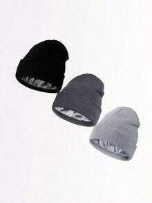 3 Pieces Satin Lined Winter Beanie Hats For Men Women Knitted Watch Hat With Satin Lining Solid Skull Cap Fall Outfit - Dark Grey - View 1