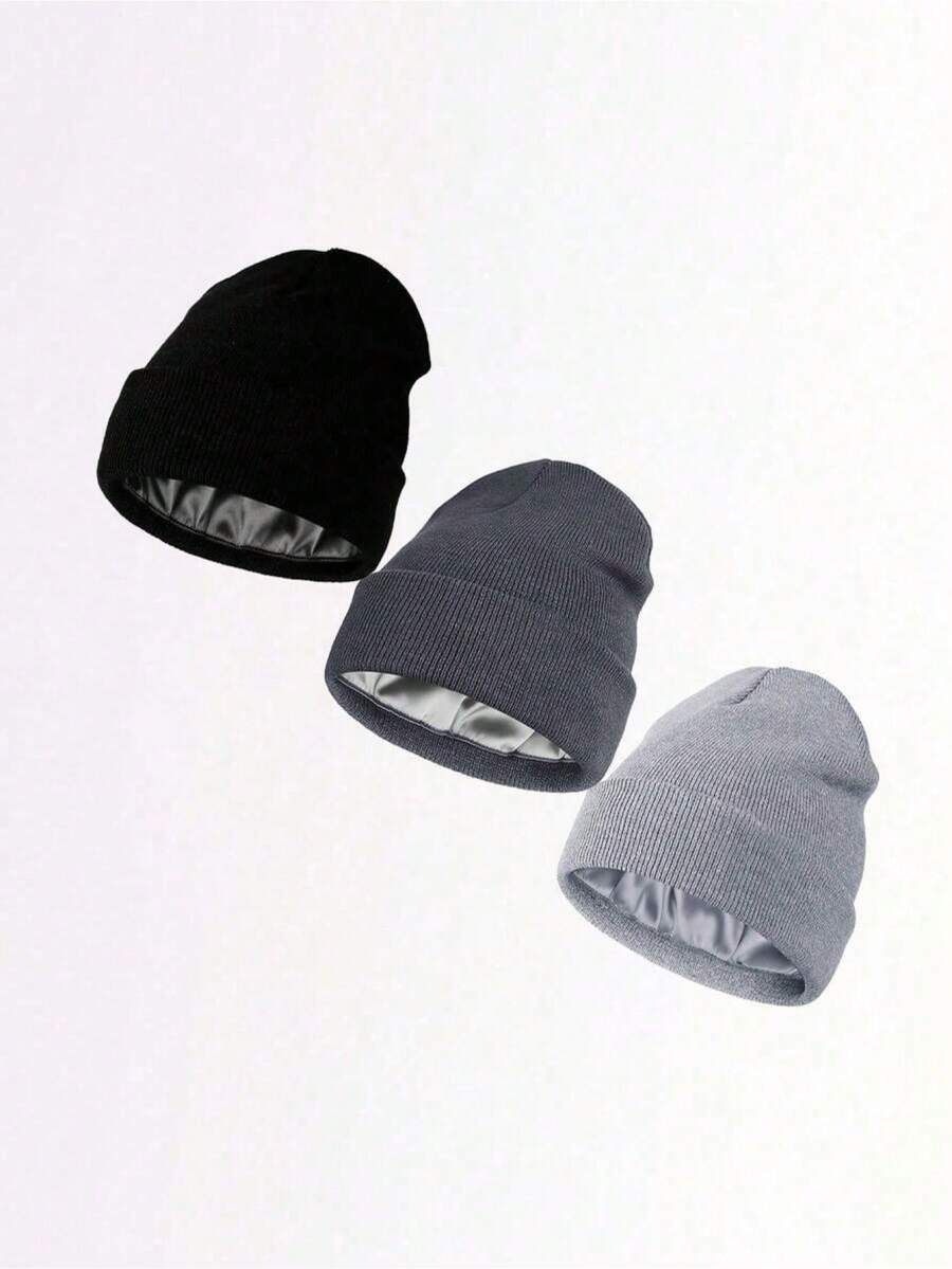 3 Pieces Satin Lined Winter Beanie Hats For Men Women Knitted Watch Hat With Satin Lining Solid Skull Cap Fall Outfit - Dark Grey - View 1