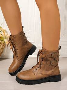 Botas femininas plus size, lançamento outono/inverno 2025, sola grossa, estilo britânico, com cadarço. - Castanho - Ver 5