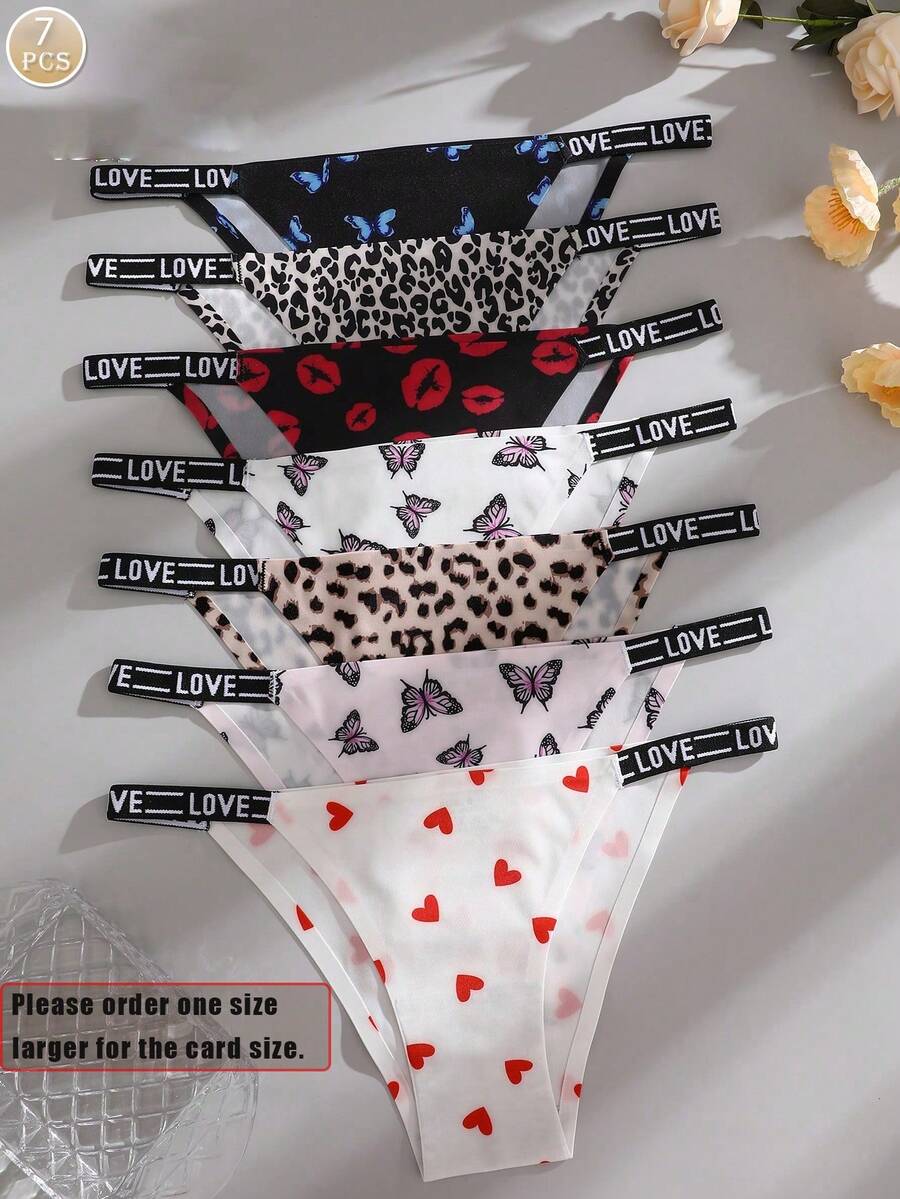 7 件女士蝴蝶、豹纹、爱心、字母提花透气无缝低腰低腰低腰内裤 - 彩色 - 查看 1