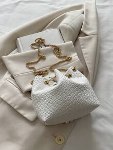 Mini New Fashion Straw Woven Gold Chain Drawstring Bucket Bag Beach Bag - White - View 7