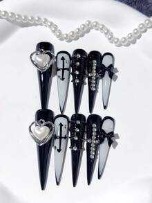 10pcs Y2K Extra Long Stiletto Shape Black & White Handmade Press On Nails, With Cross Pattern, Black Bow, Diamond Cross, White Heart Decoration; Nail Supplies, Acrylic Nails, Homemade Nails, DIY, Nail Art, Acrylic False Nails; Suitable For Vacation, Birthday, Party, Daily Wear; Includes 1pc Jelly Glue & 1pc Mini File - Black - View 2