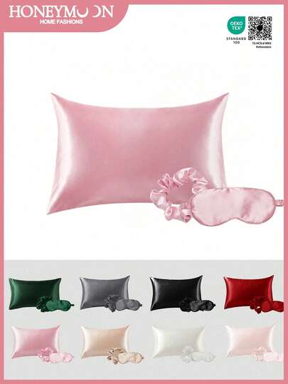 三件套（1个丝滑缎面枕套、1个遮光眼罩、1个发圈），丝滑枕套呵护秀发和肌肤，奢华丝滑，超柔软透气，不含枕芯，可机洗，是馈赠亲友和旅行的理想之选，通过Oeko-Tex认证