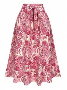 女士长款喇叭波西米亚风休闲半身裙，佩斯利印花宽松半身裙，腰部系带，乡村风沙滩装扮，适合节日度假 - 杏色 - 查看 4