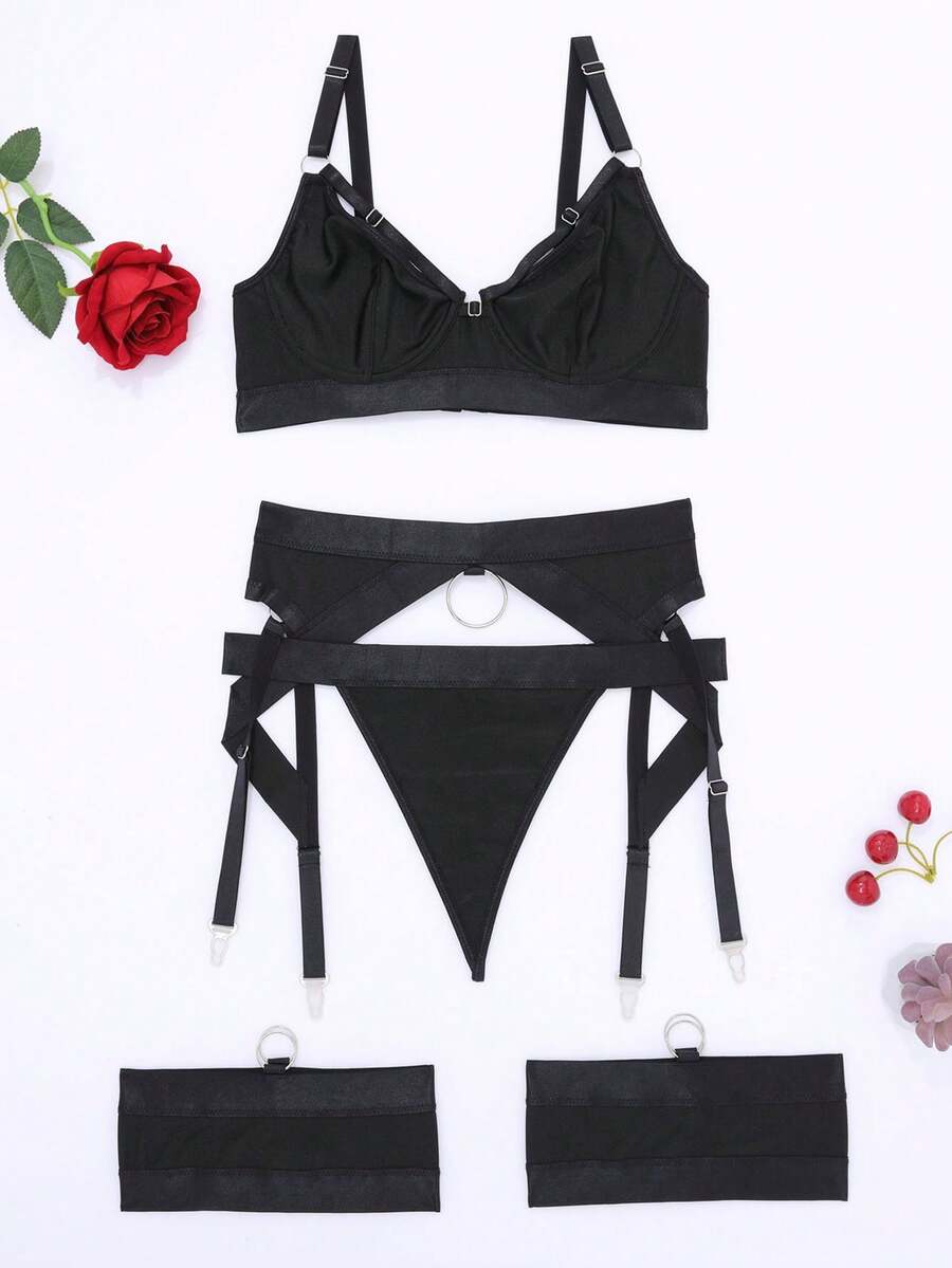 女士性感刺绣内衣派对服装网纱透明吊袜带文胸三件套 - 黑色 - 查看 1
